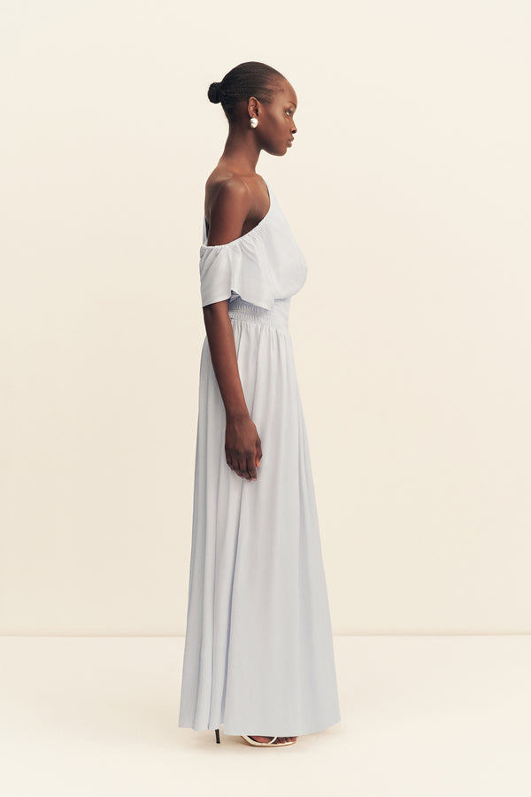 AGNES SHIRRED ASYMMETRICAL BLOUSON MAXI DRESS - SKY