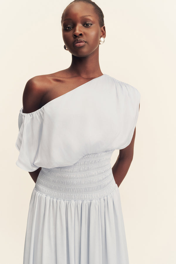 AGNES SHIRRED ASYMMETRICAL BLOUSON MAXI DRESS - SKY