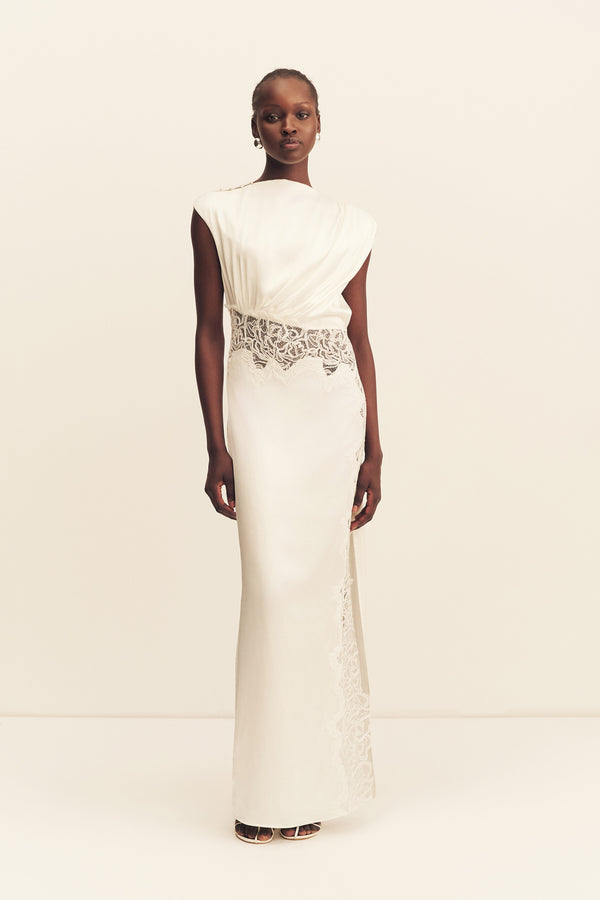 ENIKO LACE GATHERED MAXI DRESS - IVORY_F