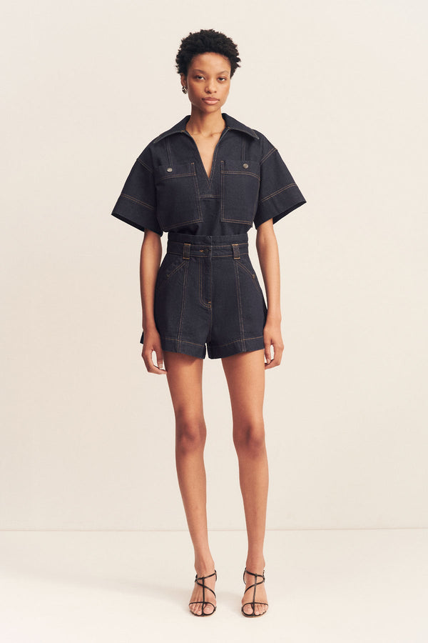 RITA HIGH WAISTED FLARED SHORT - DEEP INDIGO_F