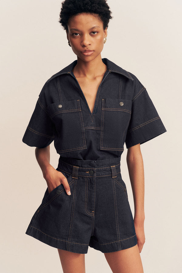 RITA HIGH WAISTED FLARED SHORT - DEEP INDIGO_D