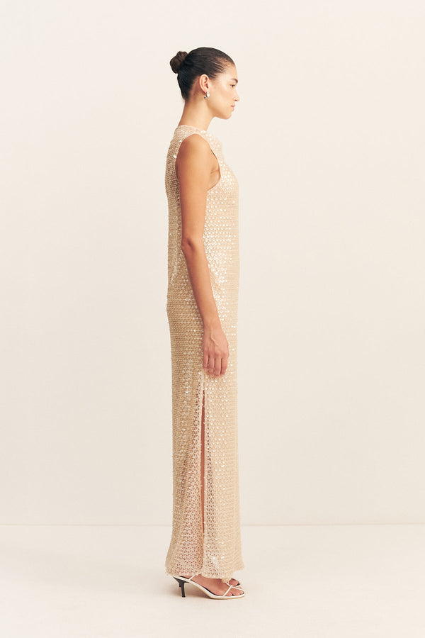 EVERLY HIGH NECK SLEEVELESS MAXI DRESS - MACADAMIA