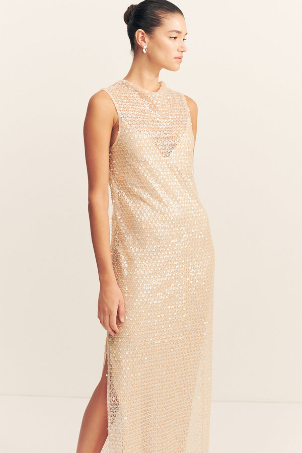 EVERLY HIGH NECK SLEEVELESS MAXI DRESS - MACADAMIA