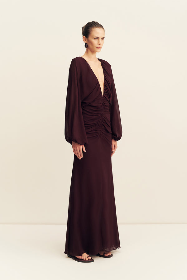 AMINA GATHERED LOW PLUNGED MAXI DRESS - WINE TASTING