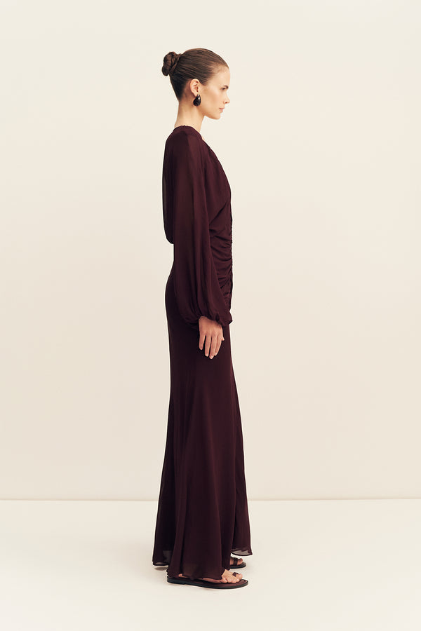 AMINA GATHERED LOW PLUNGED MAXI DRESS - WINE TASTING
