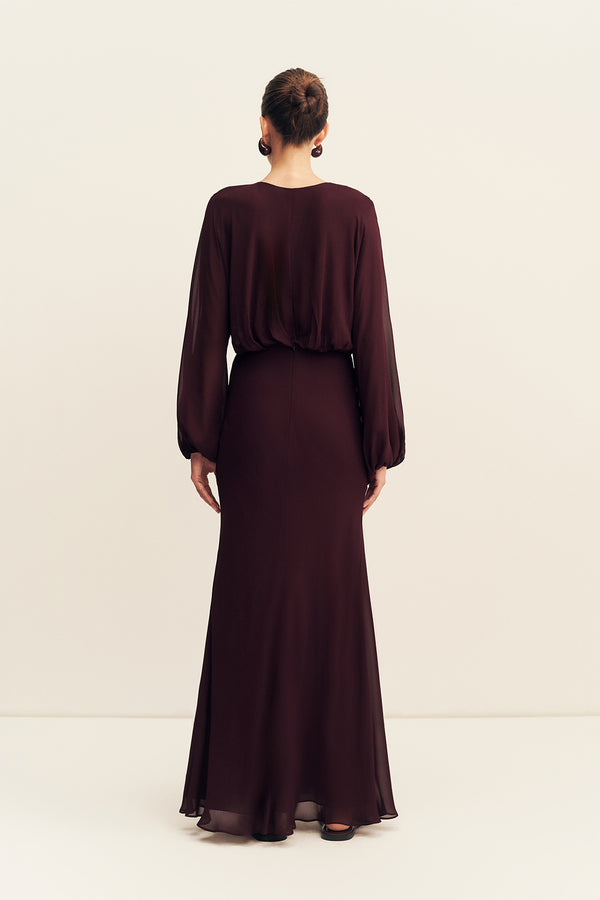 AMINA GATHERED LOW PLUNGED MAXI DRESS - WINE TASTING