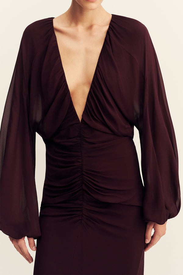 AMINA GATHERED LOW PLUNGED MAXI DRESS - WINE TASTING
