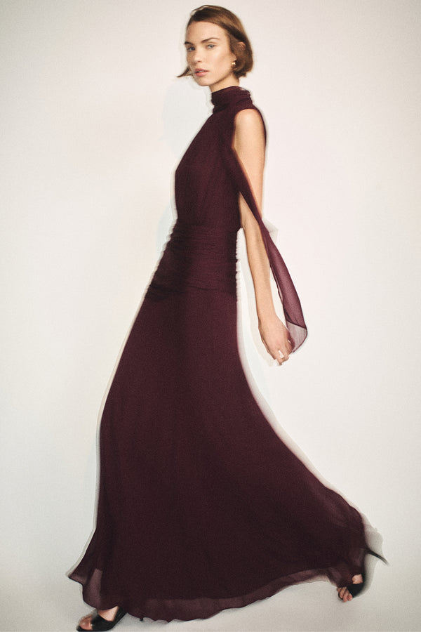 AMINA SCARF NECK MAXI DRESS - WINE TASTING