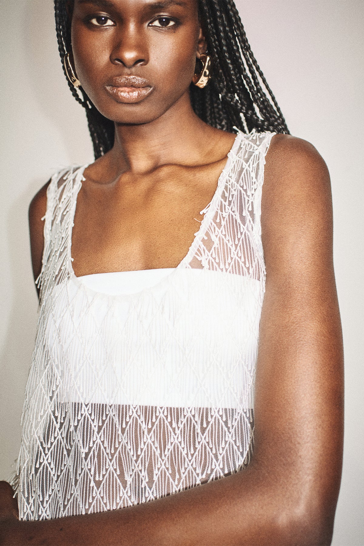 Talitha Sheer Fringe Scoop Neck Top | Ivory | Tops | Shona Joy