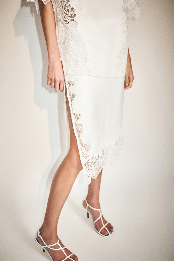 ENIKO LACE SPLIT MIDI SKIRT - IVORY