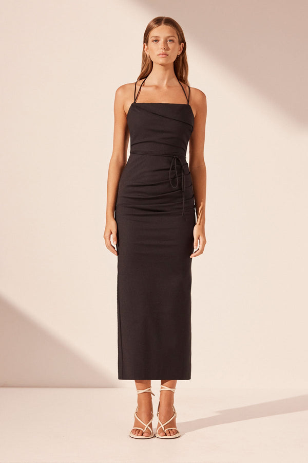 LANI DRAPED CROSS BACK MIDI DRESS BLACK DRESSES SHONA JOY