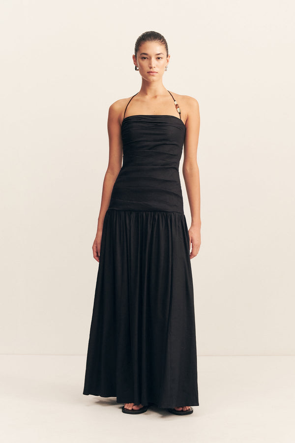 KASBAH DRAPED HALTER NECK MAXI DRESS - BLACK_F