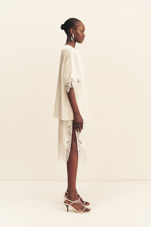 ENIKO LACE SPLIT MIDI SKIRT - IVORY