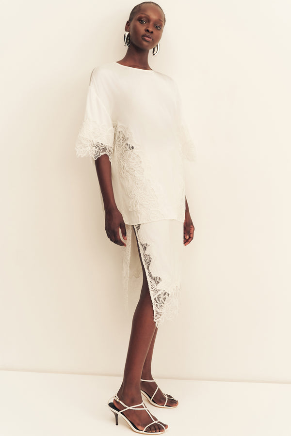ENIKO LACE SPLIT MIDI SKIRT - IVORY