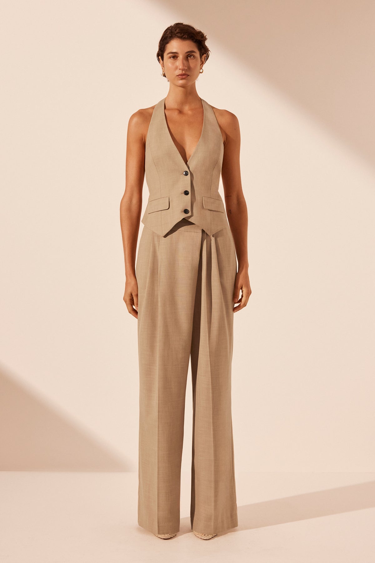 ASHER ASYMMETRICAL PLEAT FRONT PANT | LATTE | PANTS | SHONA JOY
