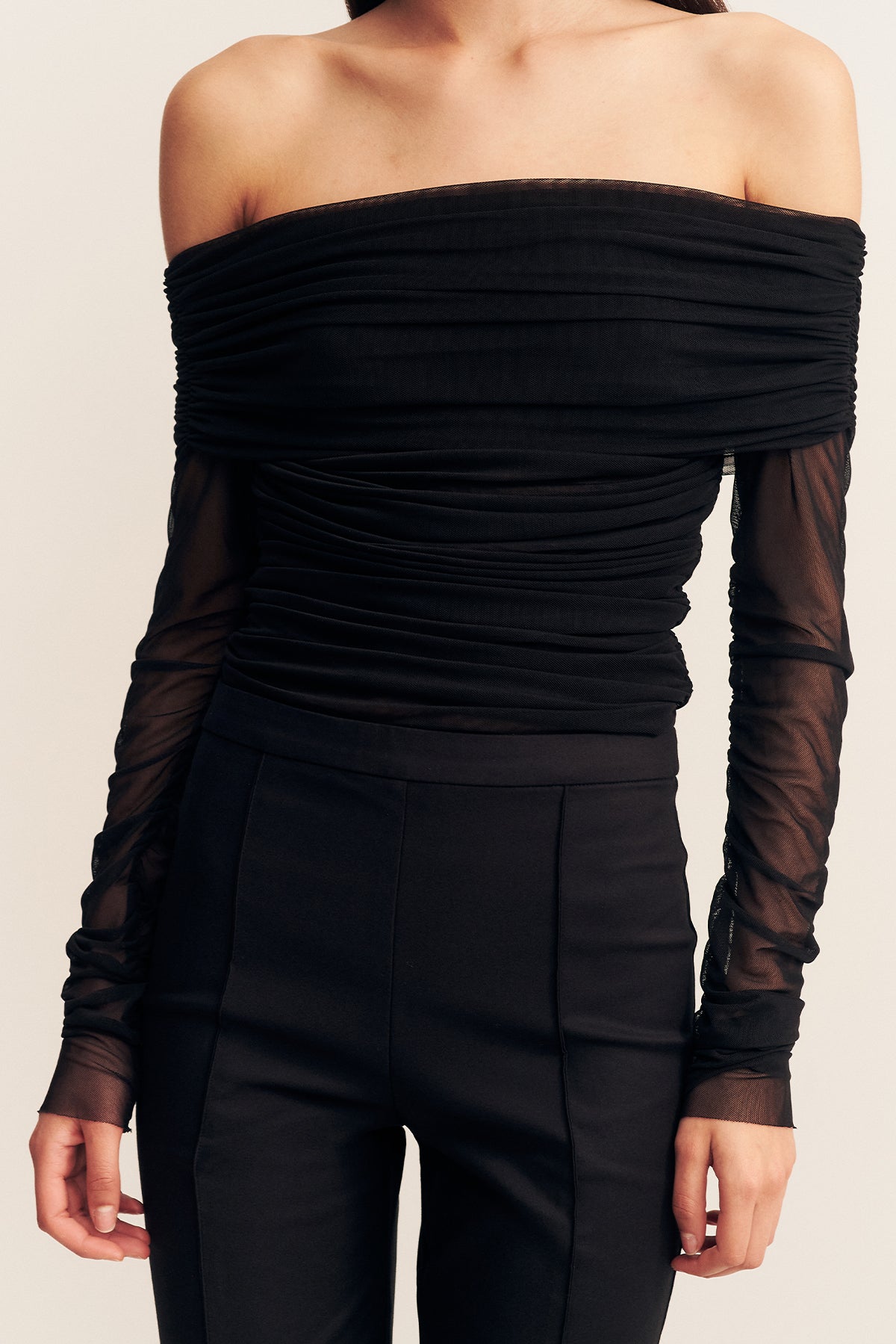 Black ruched off the shoulder top online