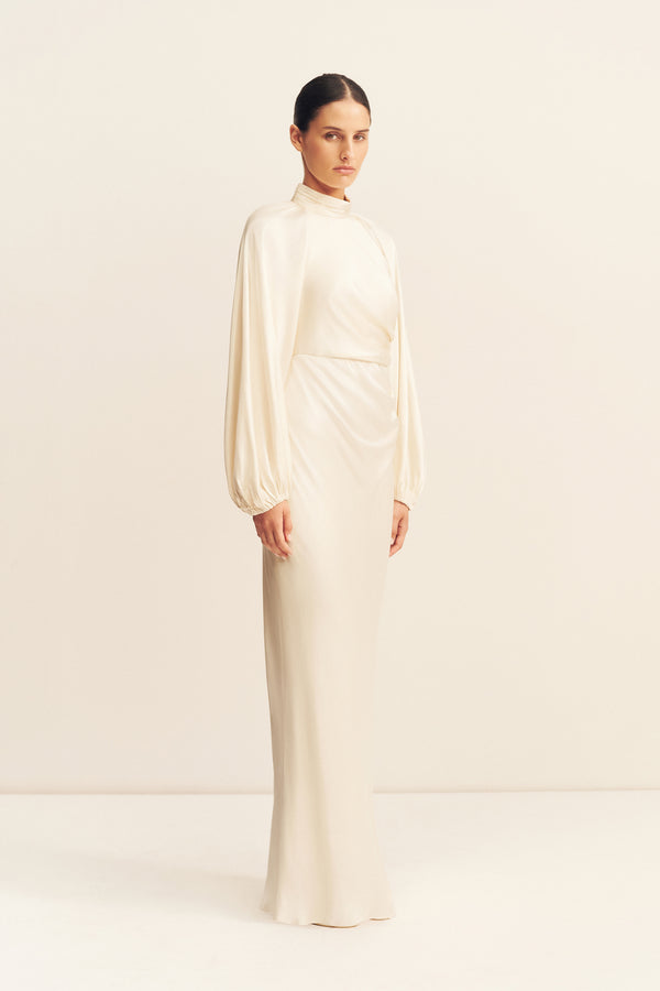 LA LUNE HIGH NECK BALLOON SLEEVE MAXI DRESS - CREAM