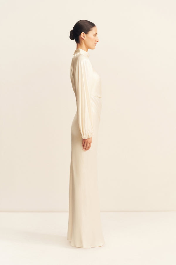 LA LUNE HIGH NECK BALLOON SLEEVE MAXI DRESS - CREAM