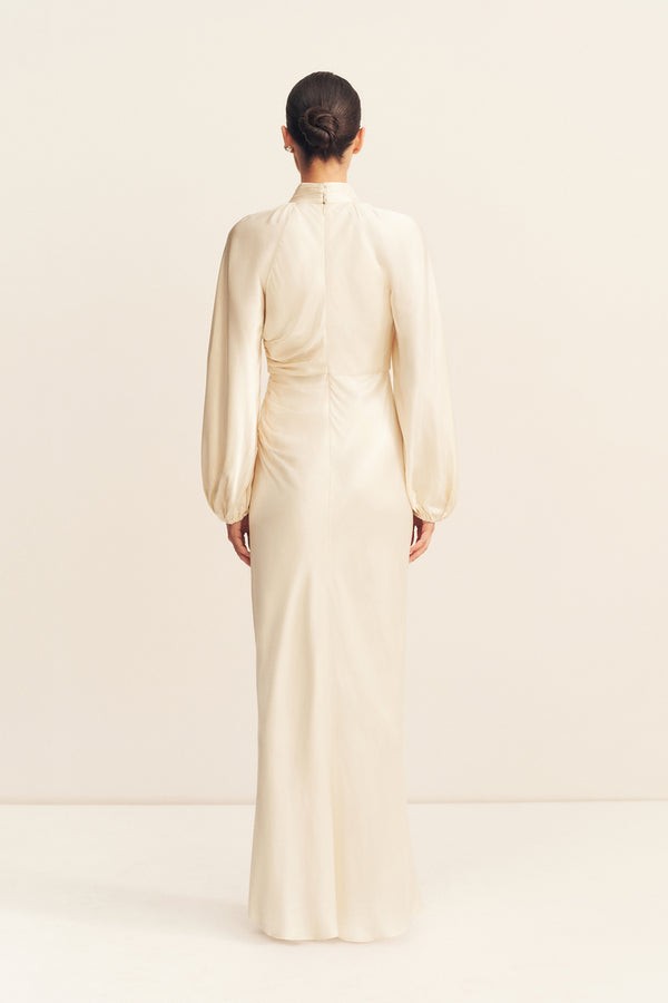 LA LUNE HIGH NECK BALLOON SLEEVE MAXI DRESS - CREAM