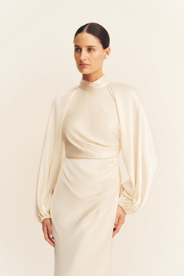 beige long sleeve dress Shona Joy - La Lune High Neck Balloon Sleeve Maxi Dress - Cream