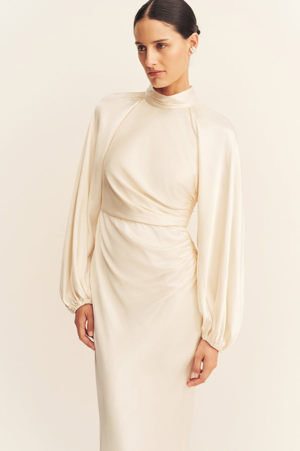 LA LUNE HIGH NECK BALLOON SLEEVE MAXI DRESS - CREAM