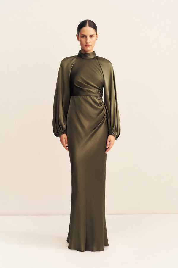LA LUNE HIGH NECK BALLOON SLEEVE MAXI DRESS - FOREST_F