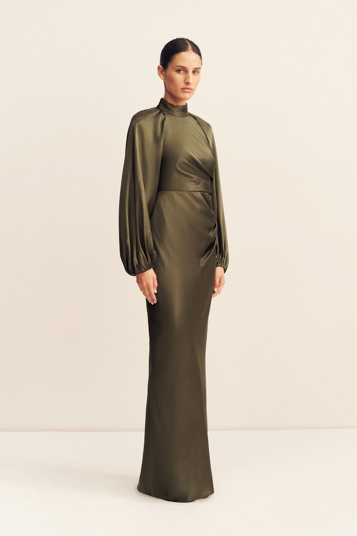 La Lune High Neck Balloon Sleeve Maxi Dress | Forest | Dresses
