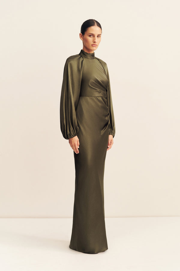 LA LUNE HIGH NECK BALLOON SLEEVE MAXI DRESS - FOREST