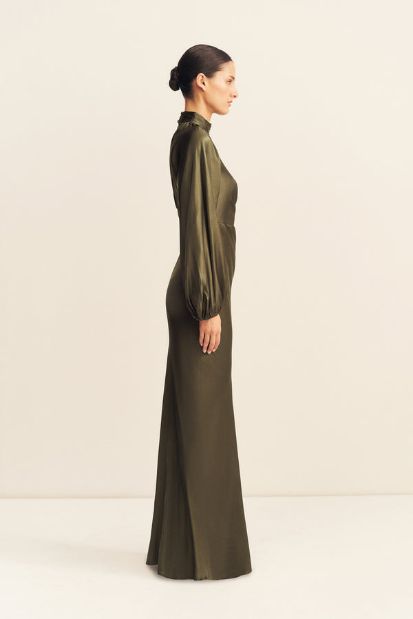 LA LUNE HIGH NECK BALLOON SLEEVE MAXI DRESS - FOREST