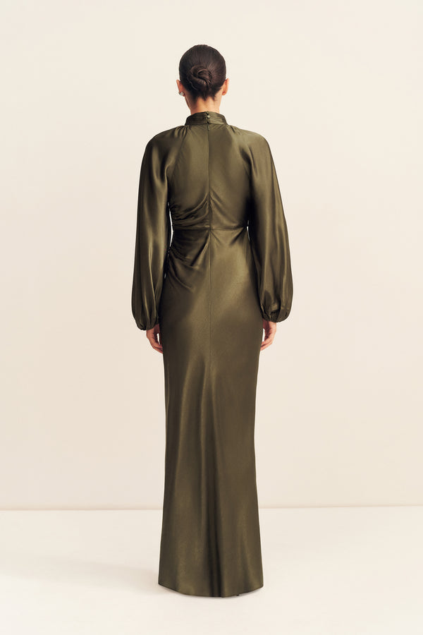 LA LUNE HIGH NECK BALLOON SLEEVE MAXI DRESS - FOREST