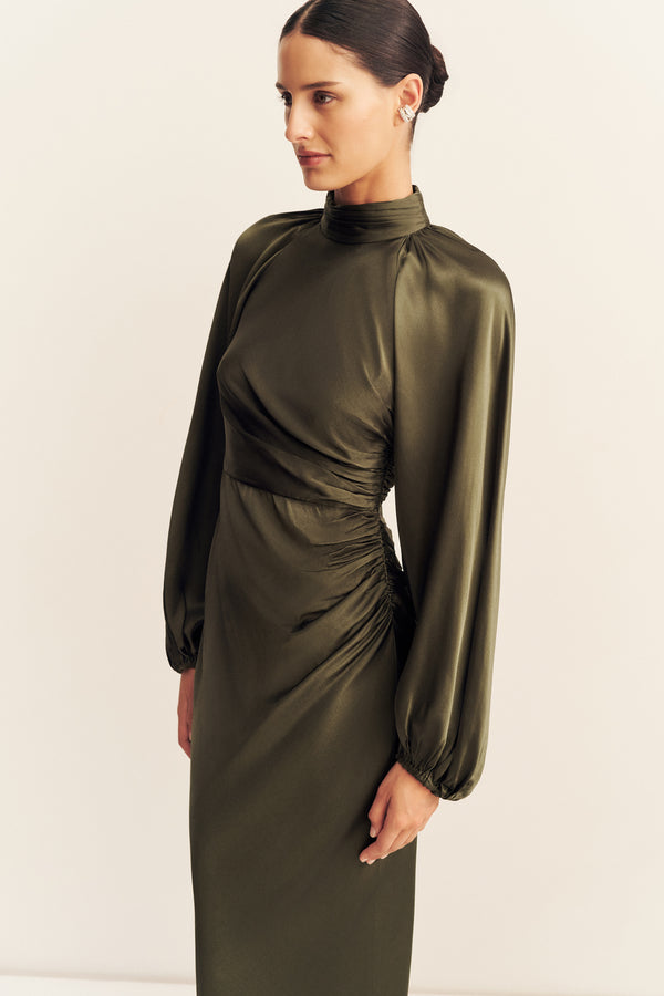 LA LUNE HIGH NECK BALLOON SLEEVE MAXI DRESS - FOREST