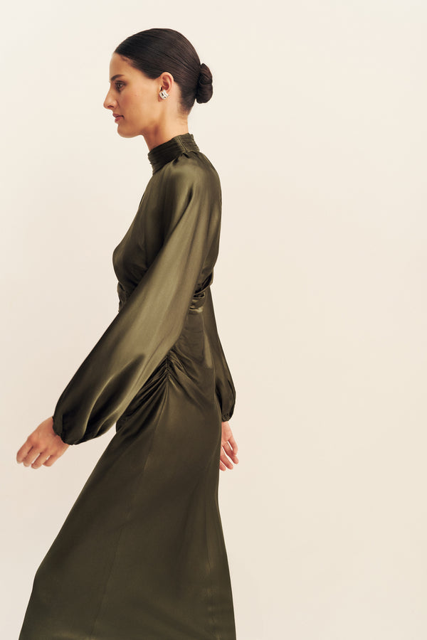 LA LUNE HIGH NECK BALLOON SLEEVE MAXI DRESS - FOREST