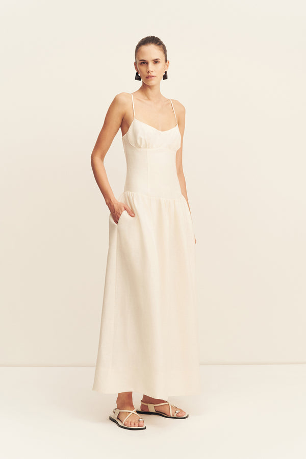 MARLOWE LINEN BLEND BUSTIER MAXI DRESS - ECRU