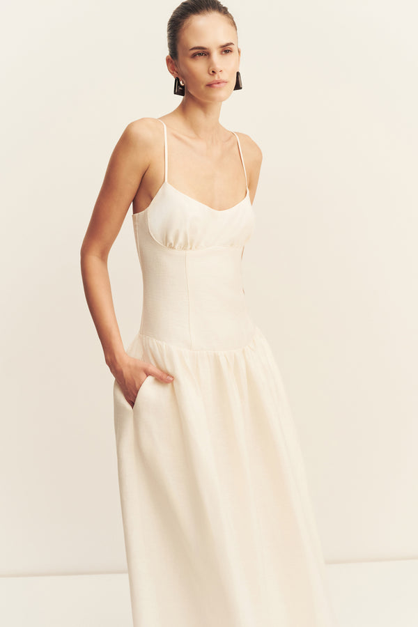 MARLOWE LINEN BLEND BUSTIER MAXI DRESS - ECRU