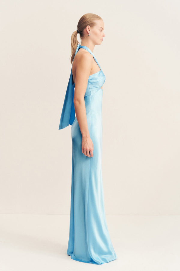 LA LUNE RUCHED HALTER MAXI DRESS - ICEBERG BLUE_S