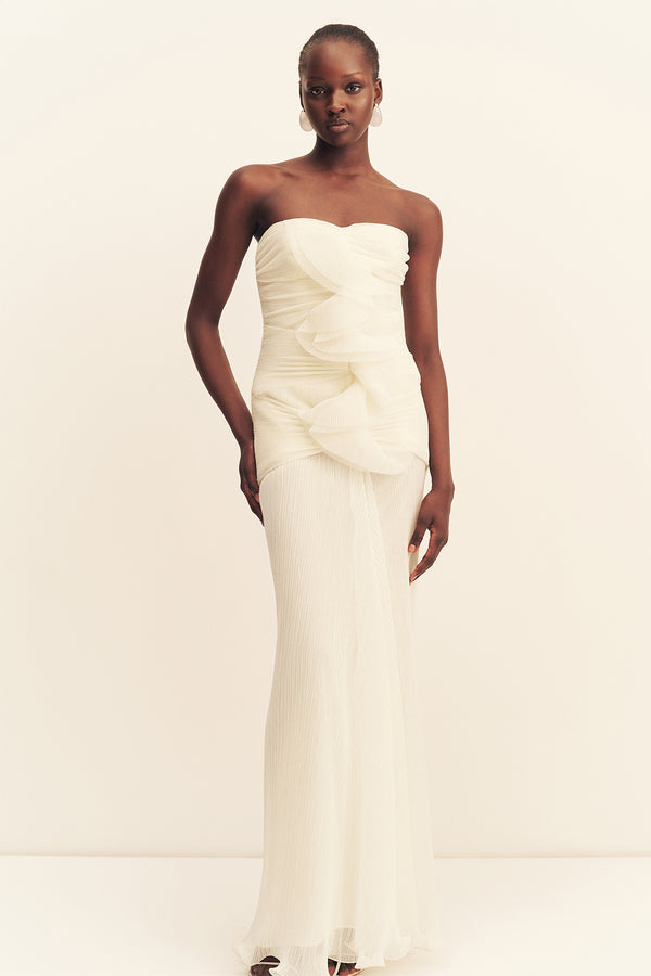 FEDERICK PLEATED RUFFLE MAXI DRESS - IVORY