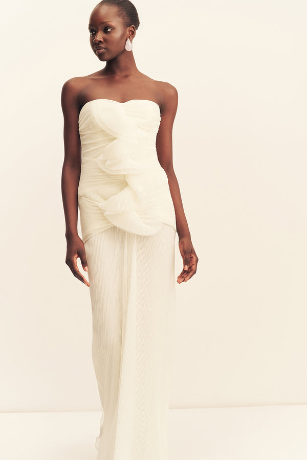 FEDERICK PLEATED RUFFLE MAXI DRESS - IVORY