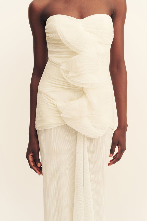 FEDERICK PLEATED RUFFLE MAXI DRESS - IVORY