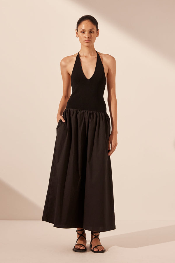 ALIAH HALTER MIDI DRESS - BLACK_F