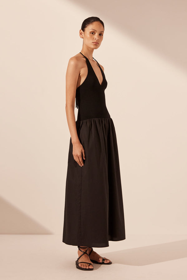ALIAH HALTER MIDI DRESS - BLACK_A