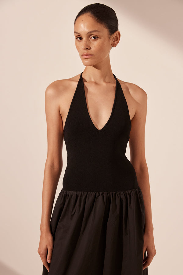ALIAH HALTER MIDI DRESS - BLACK_D