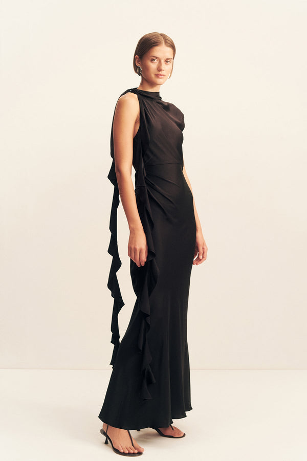 AGNES DRAPED RUFFLE MAXI DRESS - BLACK