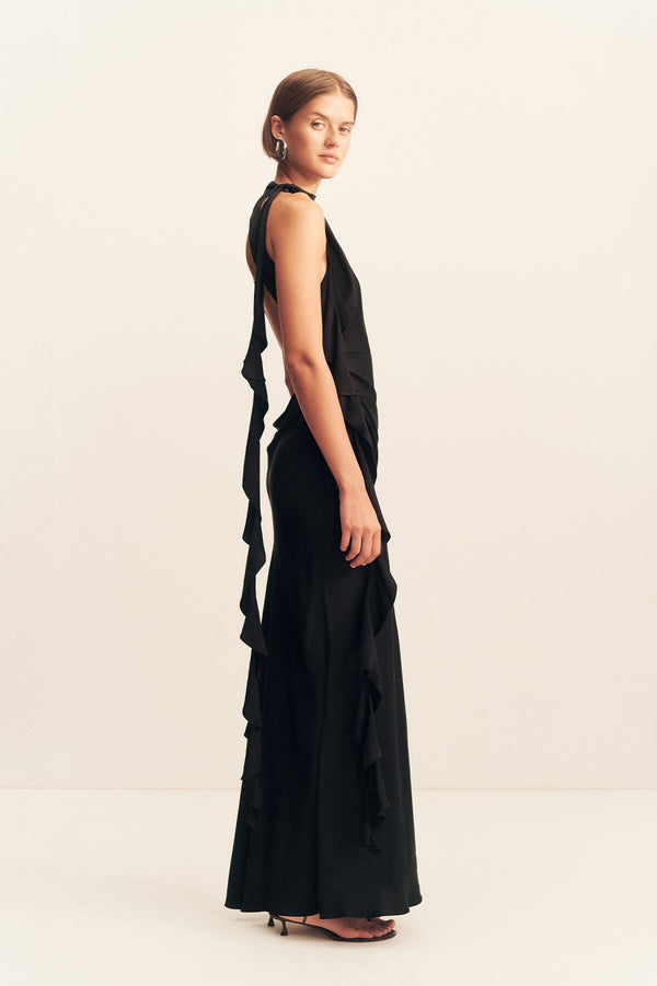 AGNES DRAPED RUFFLE MAXI DRESS - BLACK