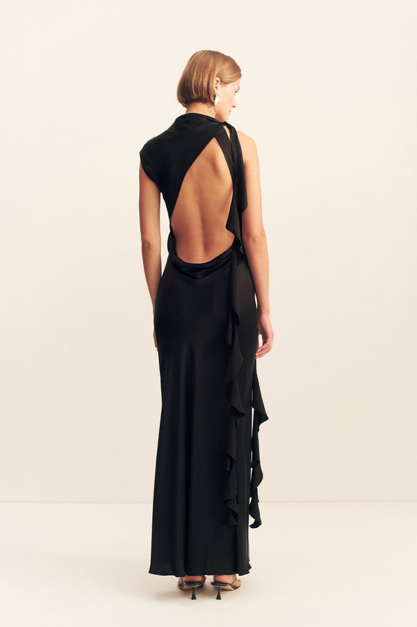 AGNES DRAPED RUFFLE MAXI DRESS - BLACK_F