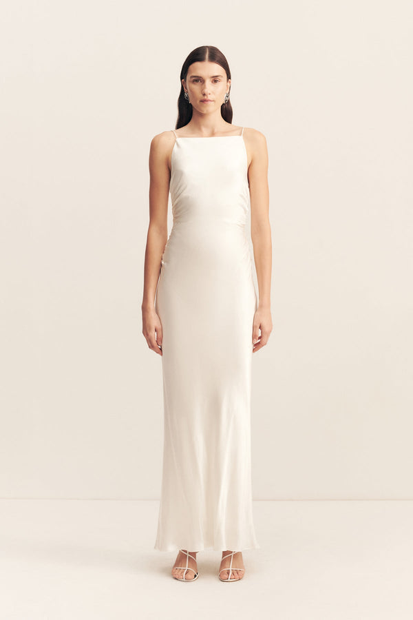 LA LUNE HIGH NECK RUCHED MAXI DRESS - WHITE_F