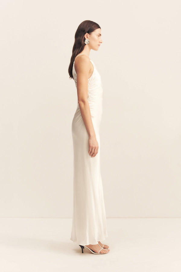 LA LUNE HIGH NECK RUCHED MAXI DRESS - WHITE
