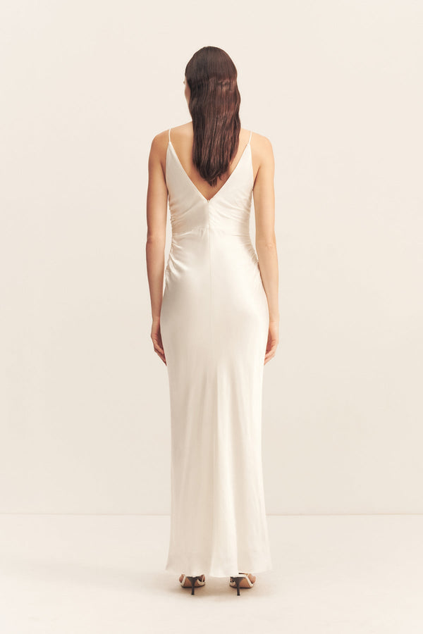 LA LUNE HIGH NECK RUCHED MAXI DRESS - WHITE