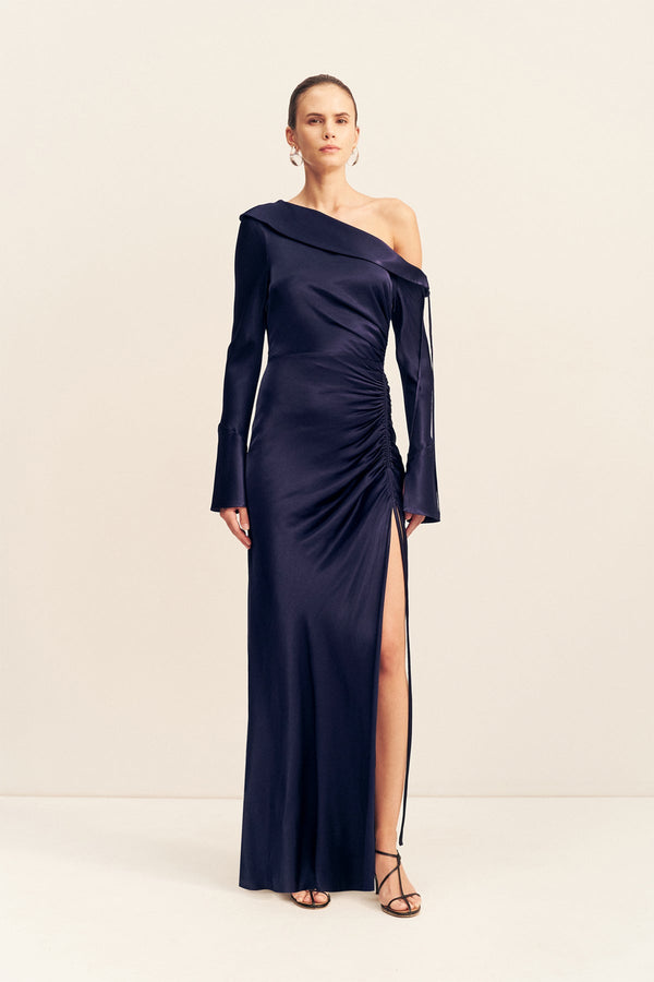 LA LUNE LONG SLEEVE GATHERED MAXI DRESS - MIDNIGHT_F
