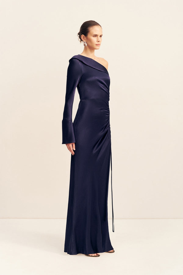 LA LUNE LONG SLEEVE GATHERED MAXI DRESS - MIDNIGHT