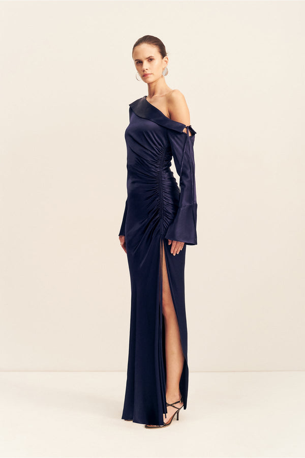 LA LUNE LONG SLEEVE GATHERED MAXI DRESS - MIDNIGHT